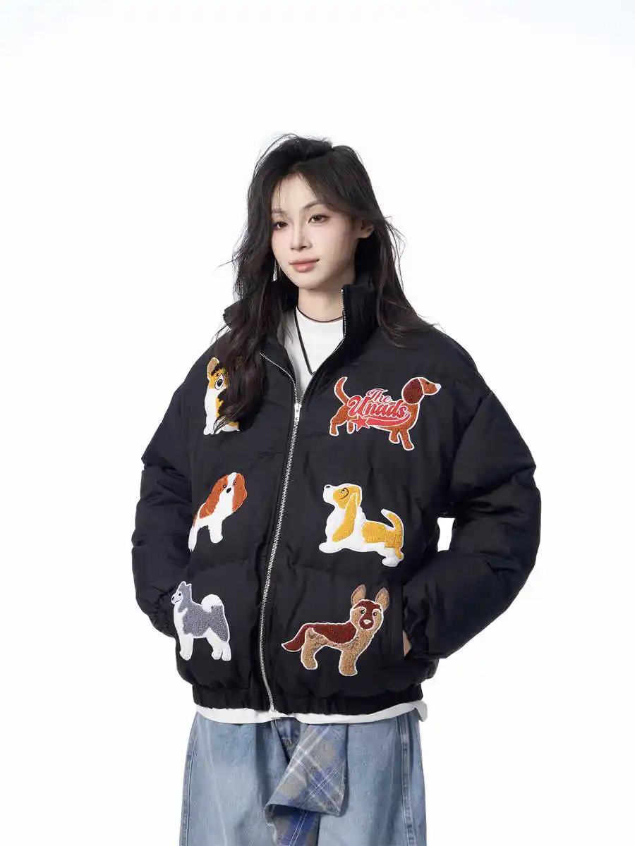 Women's Loose Retro Puppy Embroidered Cotton-padded Jacket