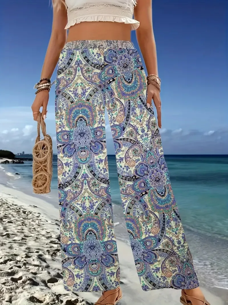 Bohemian Paisley Printed Wide-leg Pants - White Blue