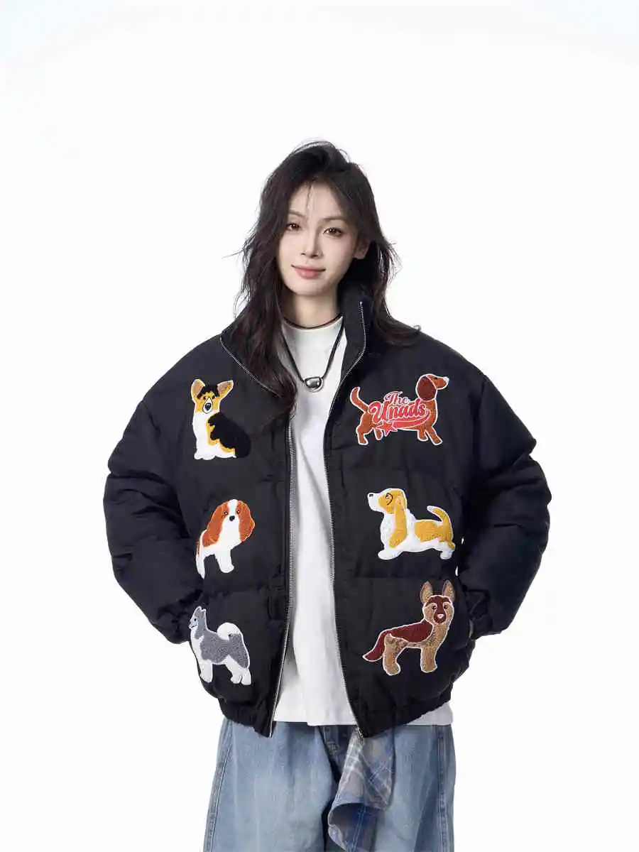 Women's Loose Retro Puppy Embroidered Cotton-padded Jacket - Black