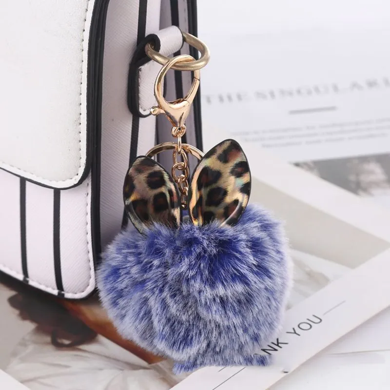 Leopard Print Small Ears Fur Ball Keychain - Two Tone Navy Blue