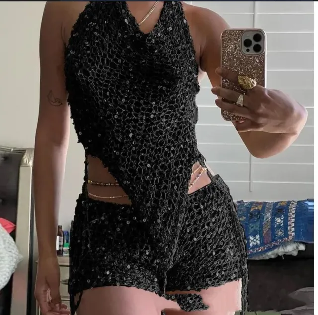 Solid Color Hooded Slim Fit Two piece Set New Hollow Sequin Black - Shop at LoveMi