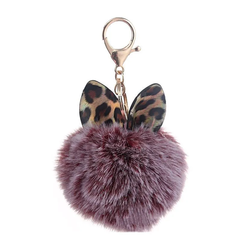 Leopard Print Small Ears Fur Ball Keychain - Wine Red With Two Colors
