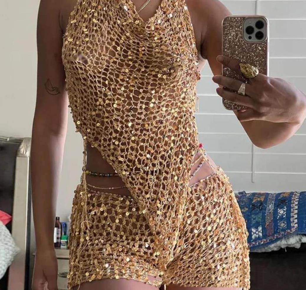 Solid Color Hooded Slim Fit Two-piece Set New Hollow Sequin