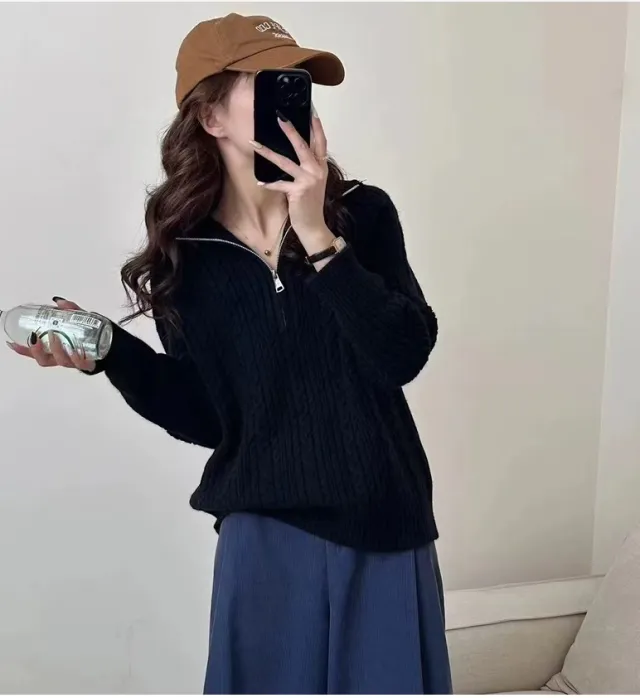 Elegant Lapel Twist Design Loose Casual Sweater Women Black - Shop at LoveMi