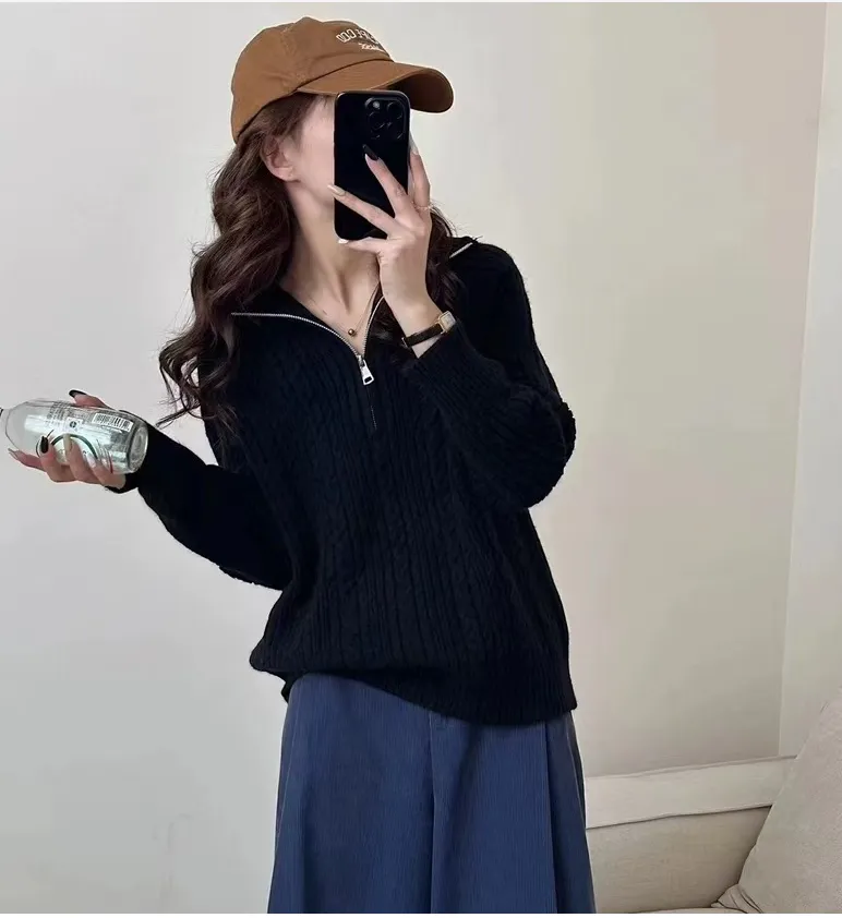 Elegant Lapel Twist Design Loose Casual Sweater Women - Black