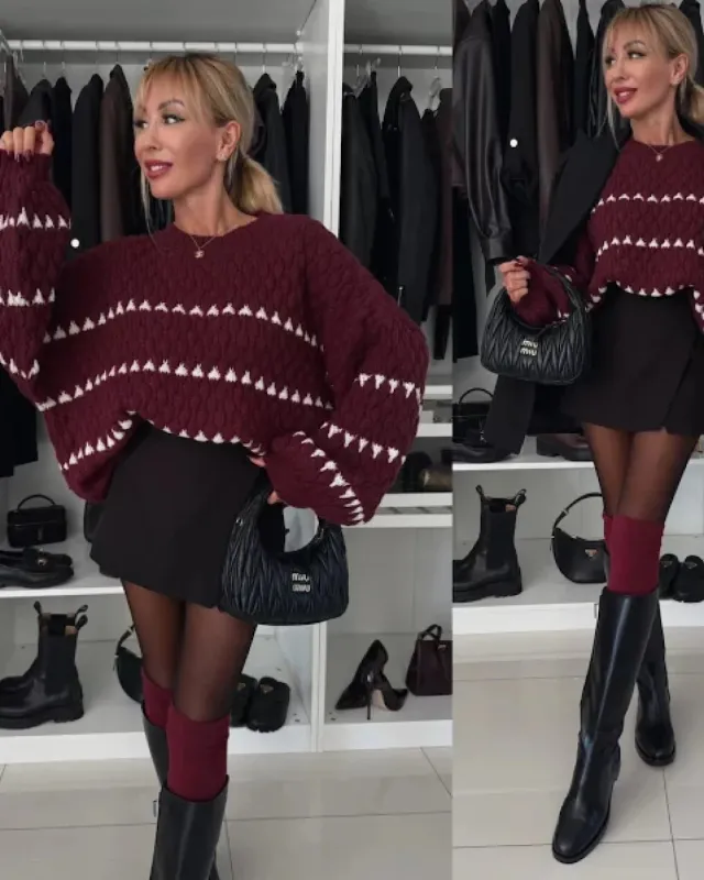 Thick Needle Loose Plus Size Twist Stripes Round Neck Pullover Red - Shop at LoveMi
