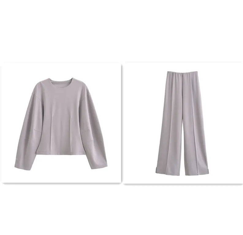 European And American Style Double-sided Cloth Round Neck Top Casual Pants - Grey Set