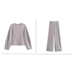 European And American Style Double-sided Cloth Round Neck Top Casual Pants - Gray Set - View 1