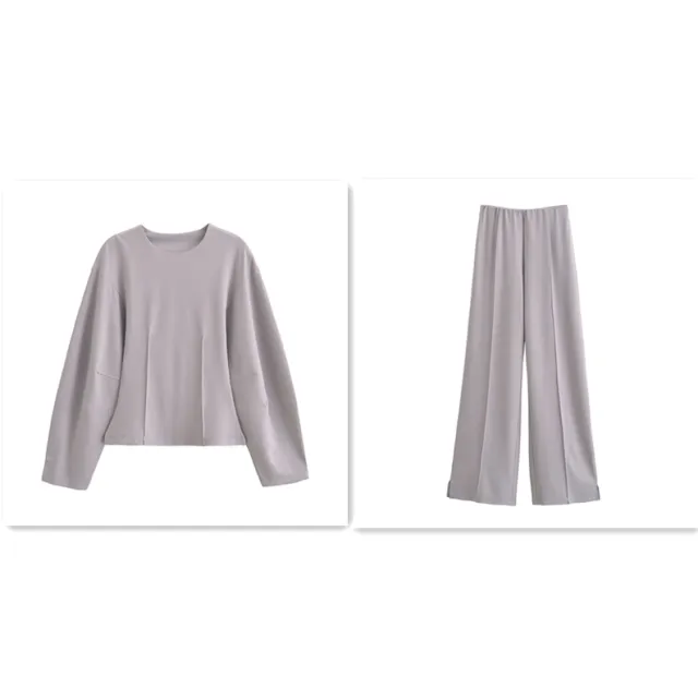 European And American Style Double sided Cloth Round Neck Top Casual Pants Gray Set - Shop at LoveMi