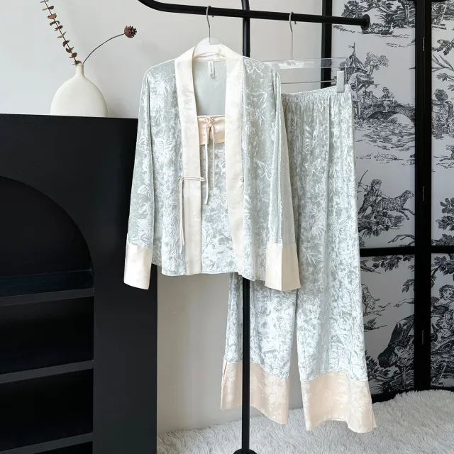 Women's Fall Long Sleeve With Chest Pad Gold Velvet Pajamas Three piece Set Gold - Shop at LoveMi
