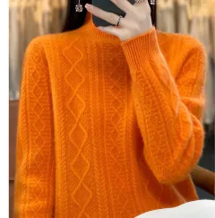 Autumn And Winter Thickening Half Turtleneck Cable-knit Sweater Sweater - Orange - View 1