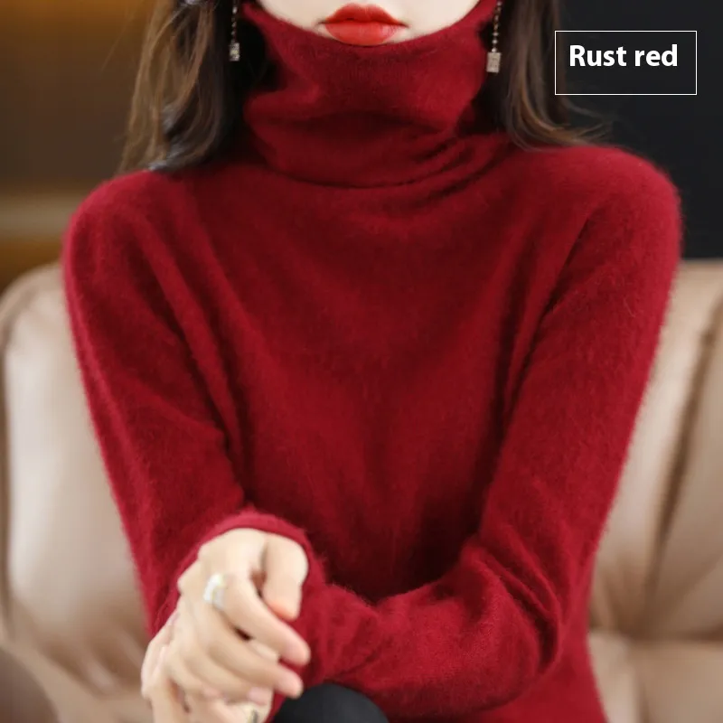 Pullover Short Mink Wool Knitted Sweater Bottoming Shirt - Rust Red