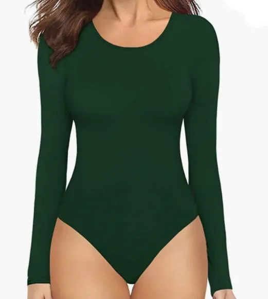 Women's Casual Bottoming Skinny Long-sleeved T-shirt Jumpsuit - Green