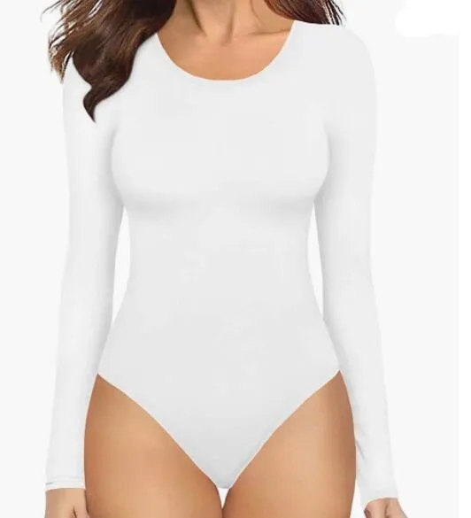 Women's Casual Bottoming Skinny Long sleeved T shirt Jumpsuit White Long Sleeve - Shop at LoveMi