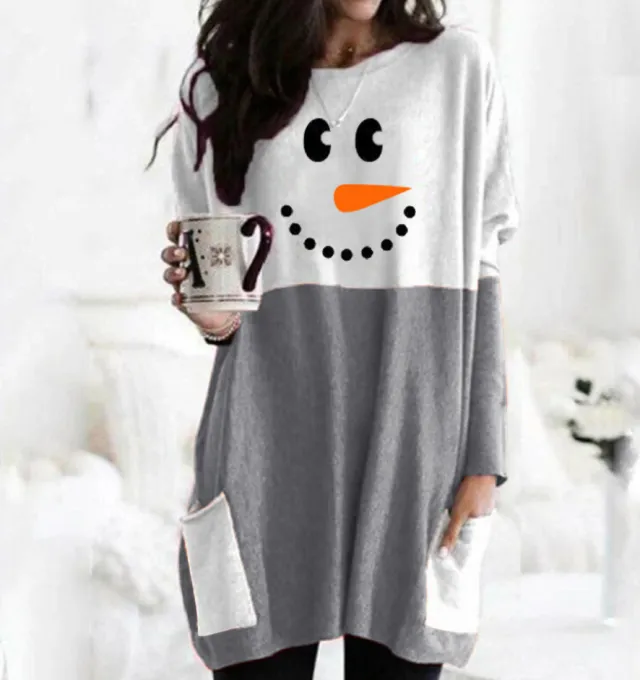 European And American Autumn And Winter Christmas Snowman Printed Long sleeved Bottoming Shirt Flower No5 - Shop at LoveMi