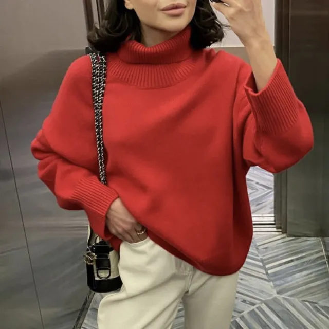 Winter Turtleneck Sweater Fashion Personality Long Sleeve Knitted Top Women's Clothing Red1 - Shop at LoveMi