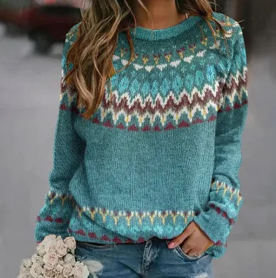 Creative Sweater Printed Patchwork Round Neck Raglan Long Sleeve Tmw10110 - Shop at LoveMi