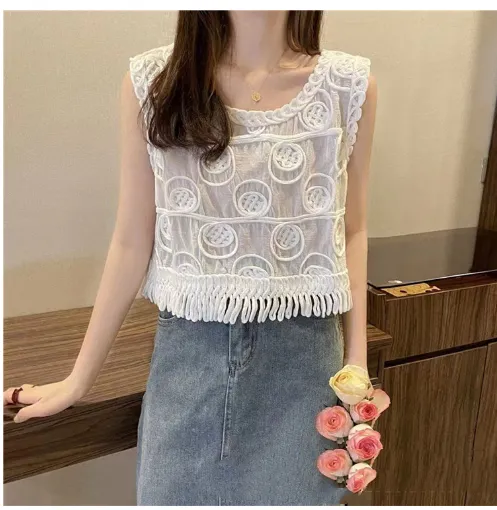 Women's Tassel Age reducing Chiffon Patchwork Lace V neck Shirt 4 White - Shop at LoveMi