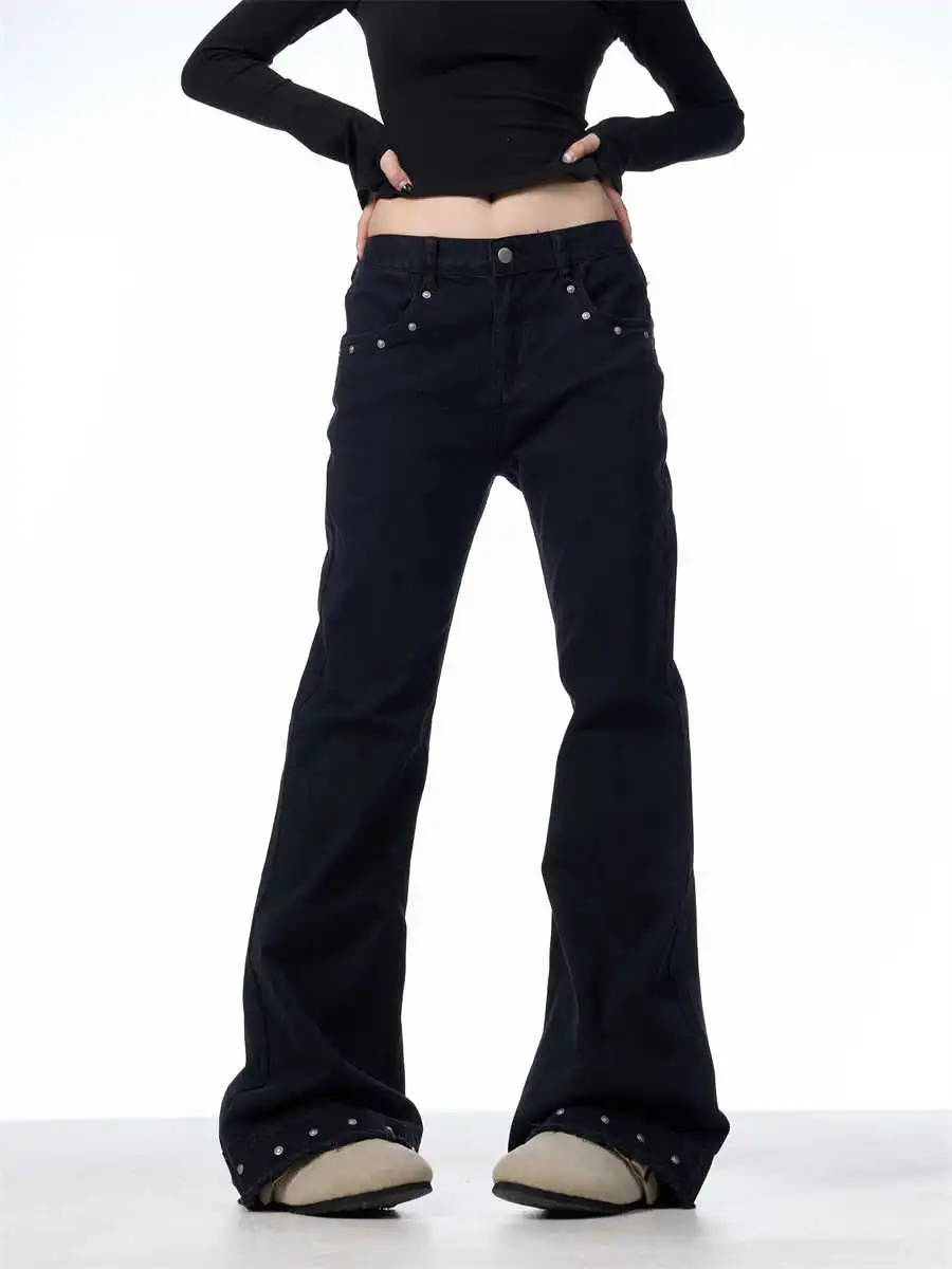 Retro Skinny Jeans Women's High Waist Stretch Flared Pants - Black