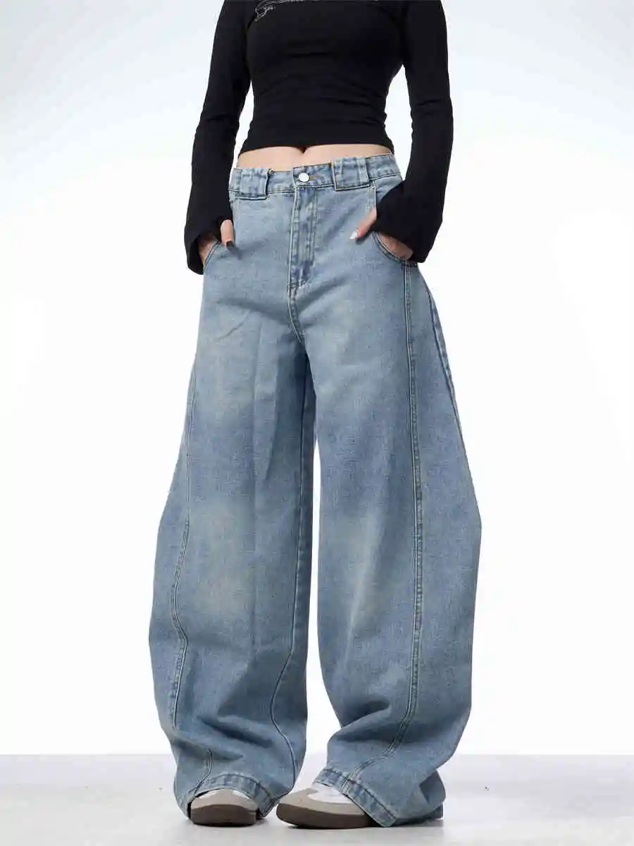 Retro Machete Jeans Women's Wide Leg Loose Pant - Blue
