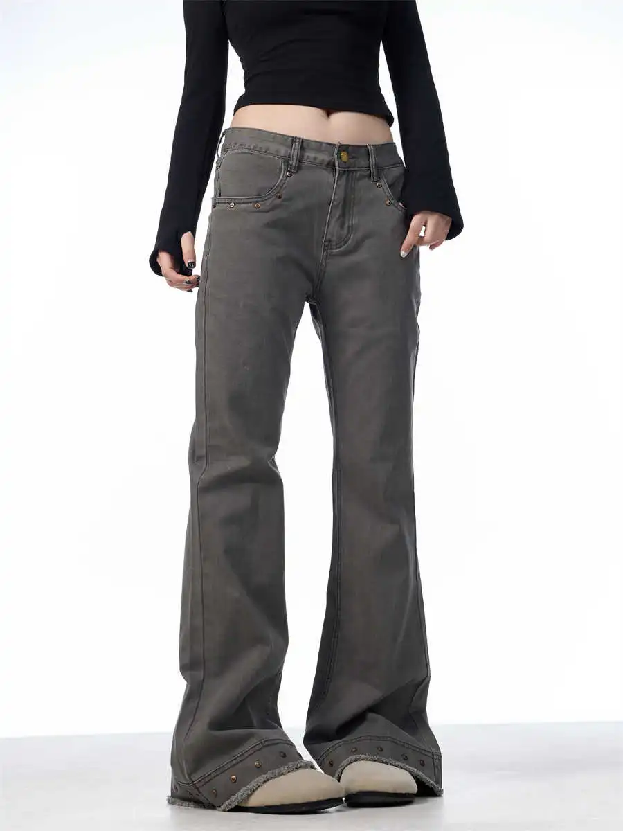 Retro Skinny Jeans Women's High Waist Stretch Flared Pants - Grey