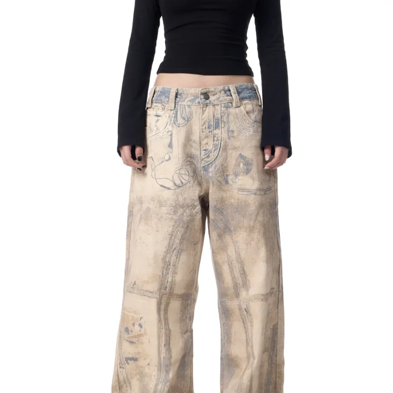 Retro 3D Printing Laser Full Printed Washed Jeans - Brown