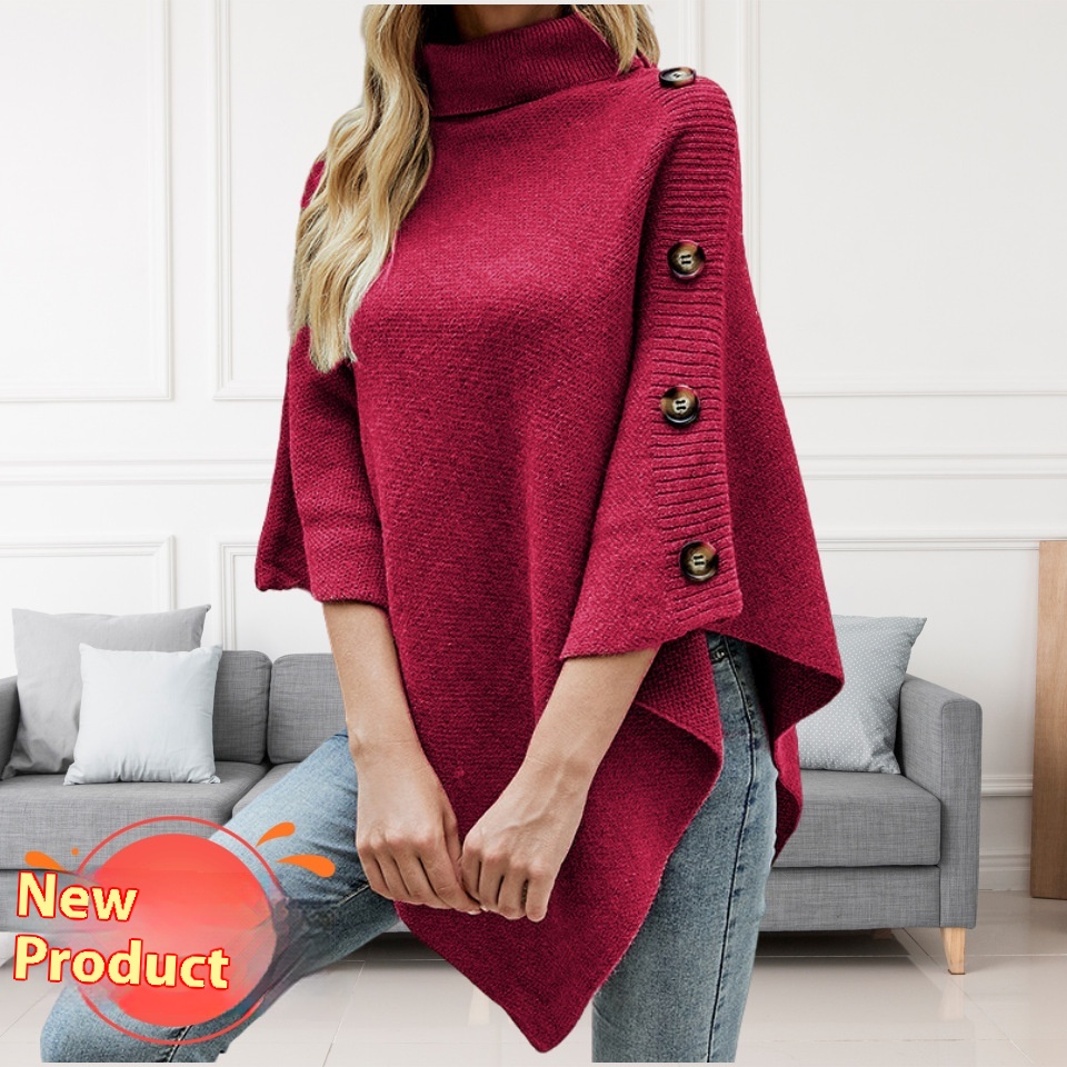 Autumn And Winter New Solid Color Turtleneck Shawl Cape Slit Knit Sweater Rose - Shop at LoveMi