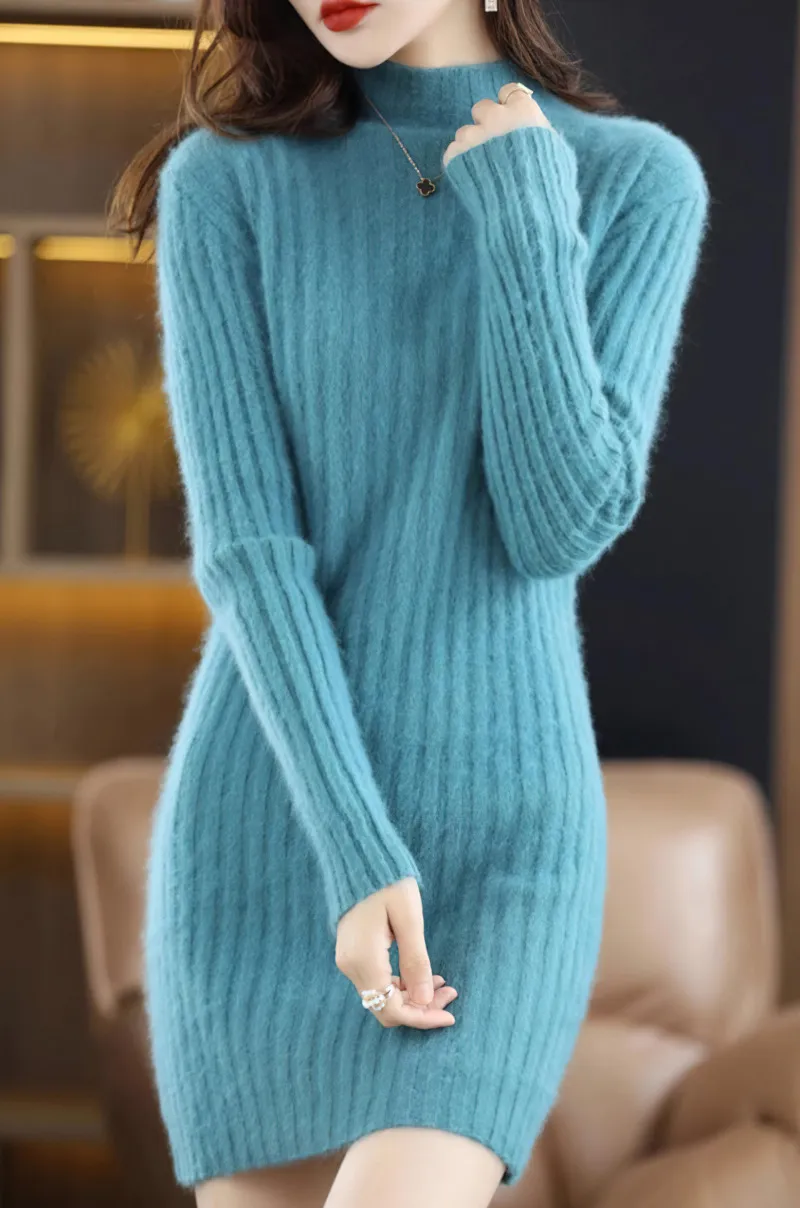 Autumn And Winter Artificial Mink Cashmere Sweater Women's Half Turtleneck Slim Fit Slimming - Lake Blue