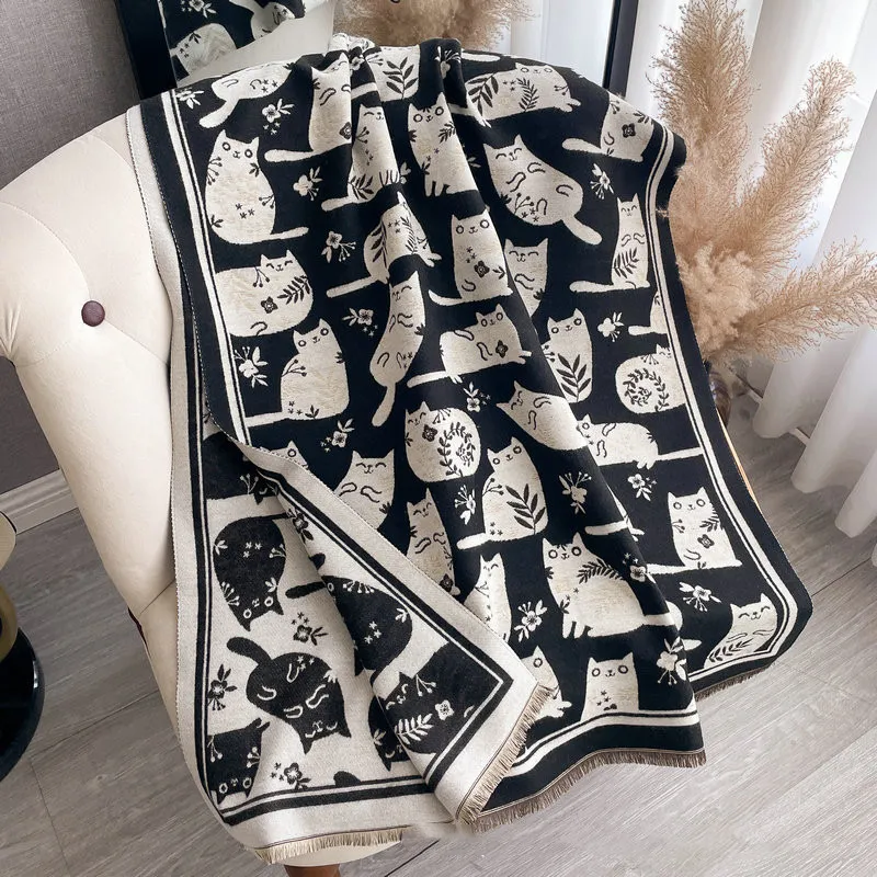 Cute Cat Thickening Thermal Soft Jacquard Scarf - Black