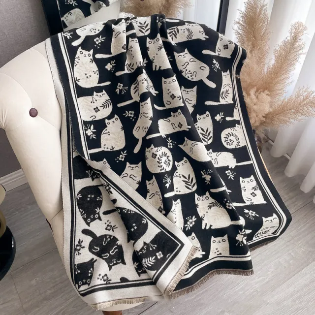 Cute Cat Thickening Thermal Soft Jacquard Scarf Black - Shop at LoveMi