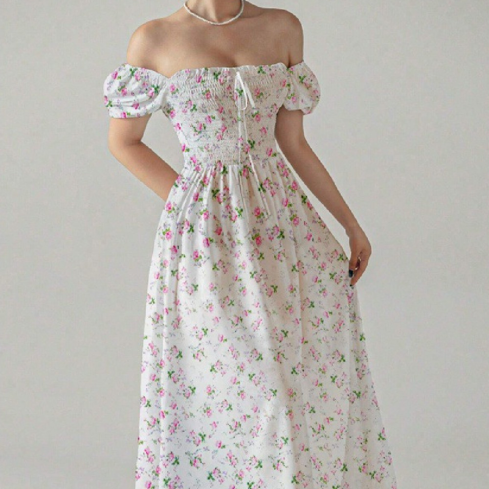 European and American Hot-selling Strapless Dress Amazon Pullover Printed Dress Foreign Trade Women's Puff Sleeve Dress