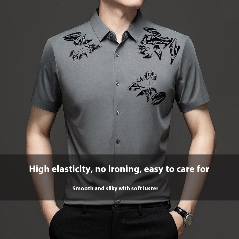 Same Style Woodpecker Short-Sleeve Shirt Men's Mulberry Silk Seamless Non-Iron Real Silk Shirt Middle-aged Plus Size Thin Ice