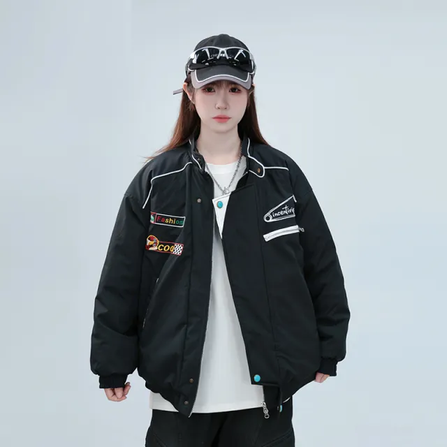 Thickening Embroidery Cotton Coat Winter Trendy Men And Women Couple Cotton padded Clothes Coat Black - Shop at LoveMi