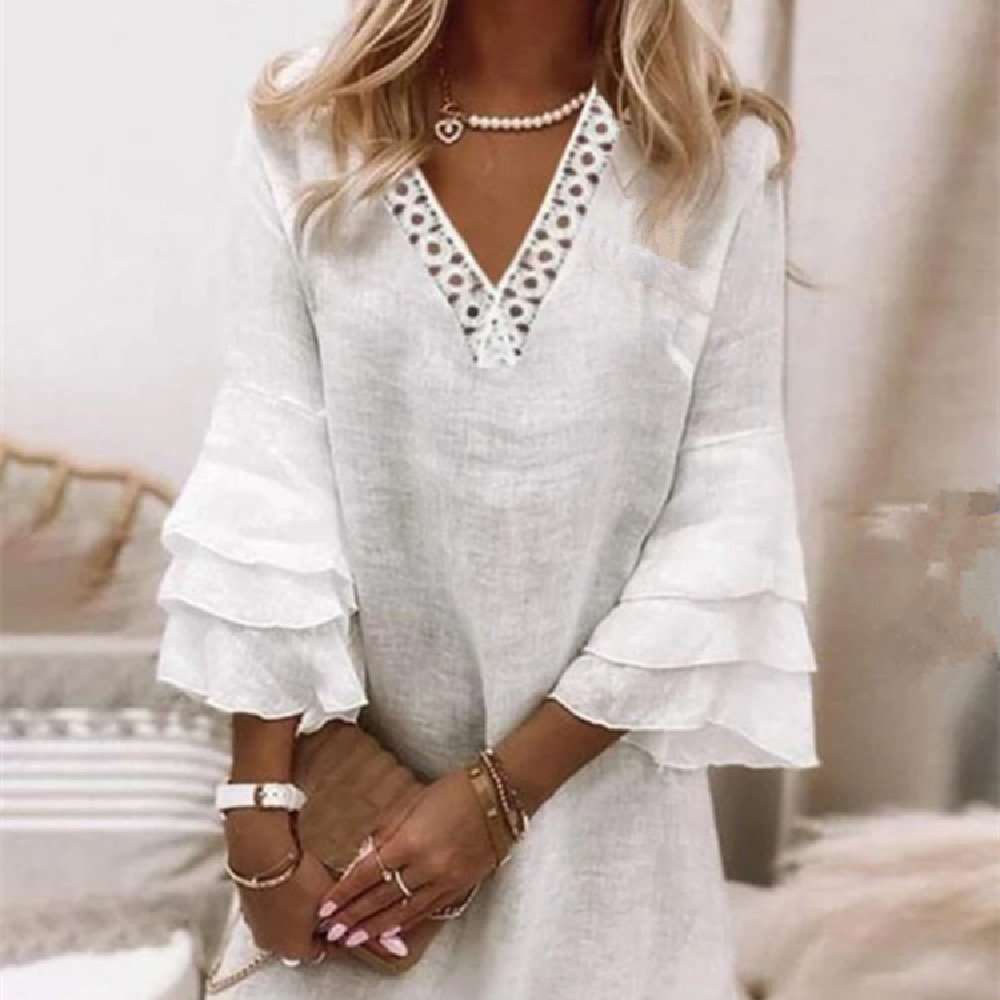 Spring/Summer Cross-border Women's Clothing Lace Spliced V-Neck Three-Quarter Sleeve White Cotton Linen Dress