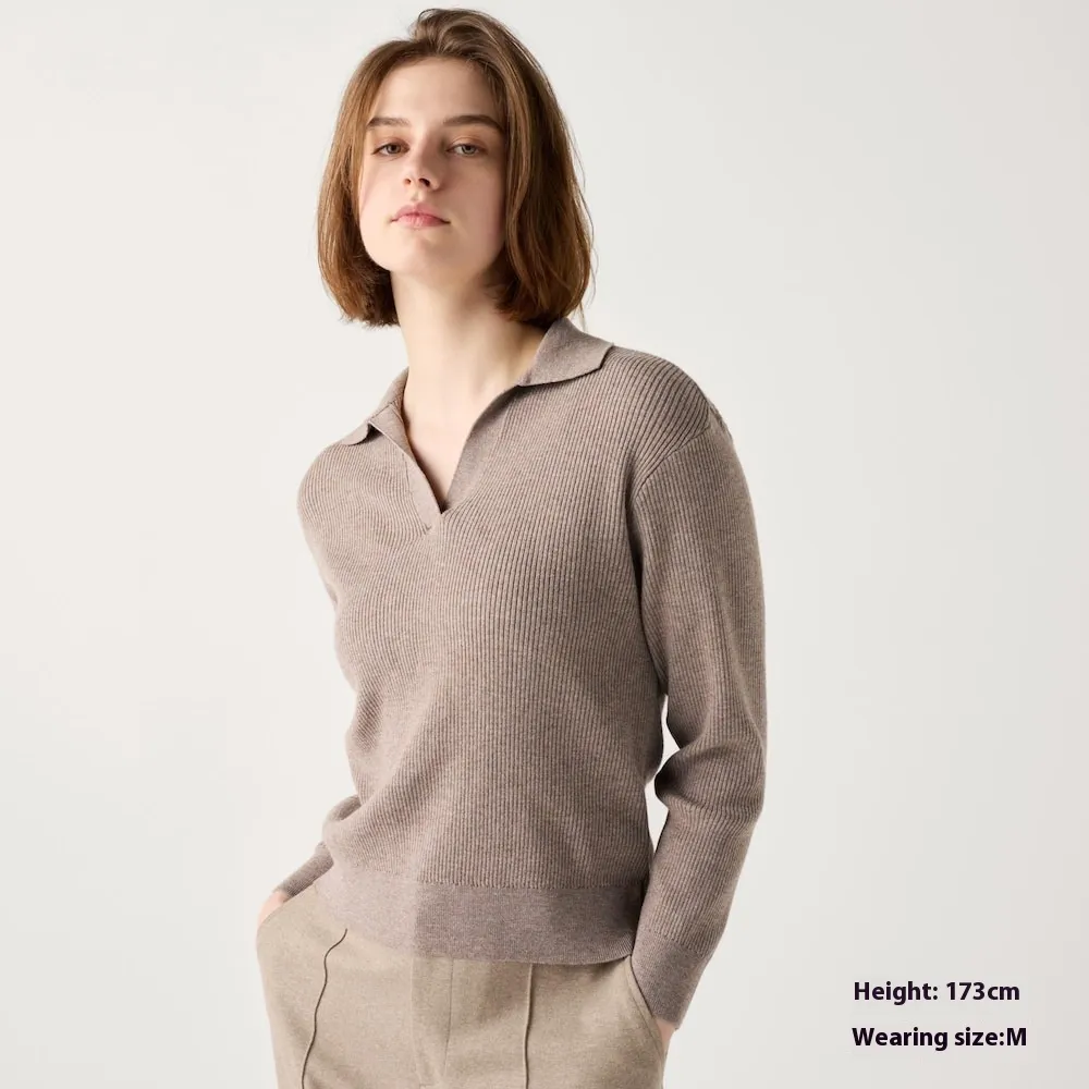 Women's Machine Washable Rib Half-open Collar Sweater - Khaki