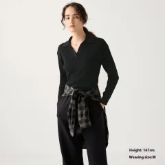 Women's Machine Washable Rib Half-open Collar Sweater - Black - View 1