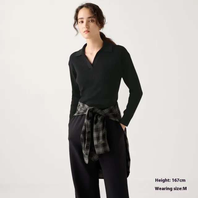 Women's Machine Washable Rib Half open Collar Sweater Black - Shop at LoveMi