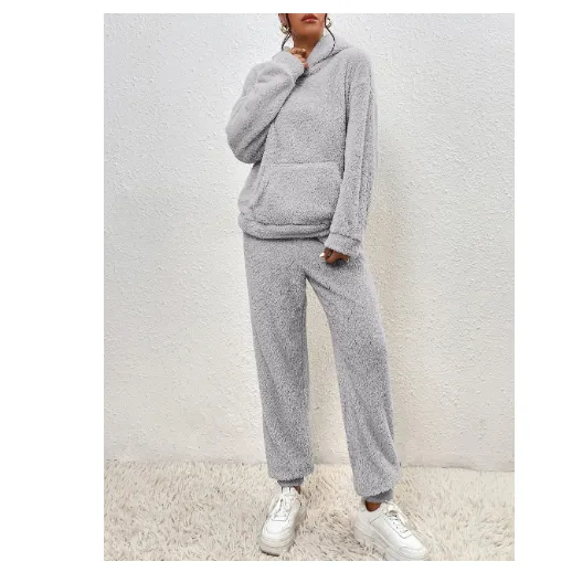 Winter Plush Pajama Set Fashion Casual Hooded Top And Elastic Band Pants Warm Sofa Carpet Home Clothes Women's Trousers Set Clothing Grey - Shop at LoveMi