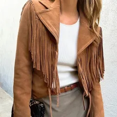 Genuine Leather Sheepskin Suede Lapel Tassel Motorcycle Short Jacket - Yellowish Brown - View 1