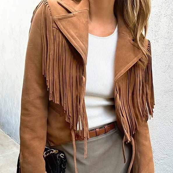 Genuine Leather Sheepskin Suede Lapel Tassel Motorcycle Short Jacket - Yellowish Brown