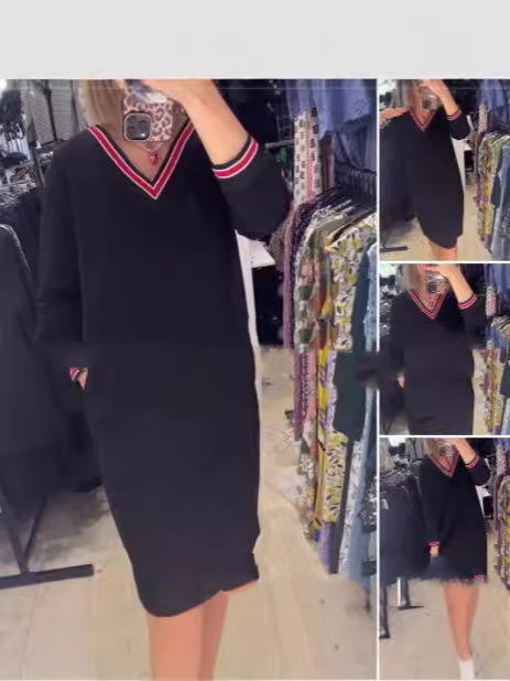 Knitted Dress Rib V-collar Contrast Color Skirt