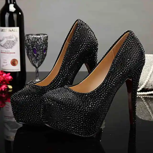Plus Size Crystal 14cm Super High Heels Black - Shop at LoveMi