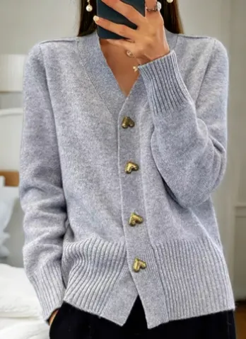 V neck Knitted Sweater With Love Button Fashion Solid Long sleeved Cardigan Spring And Autumn Women's Clothing Grey - Shop at LoveMi