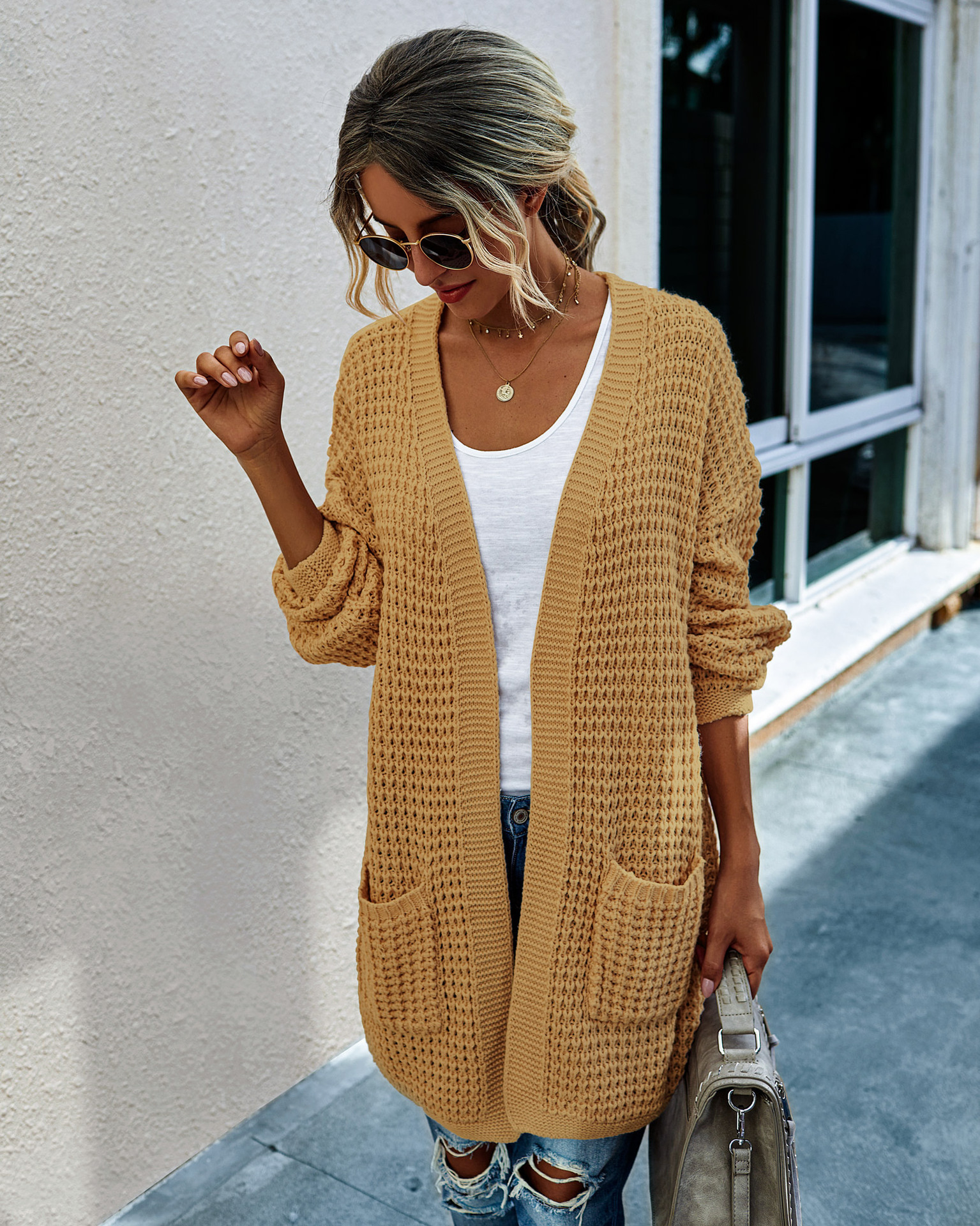 Long cardigan pocket solid coat