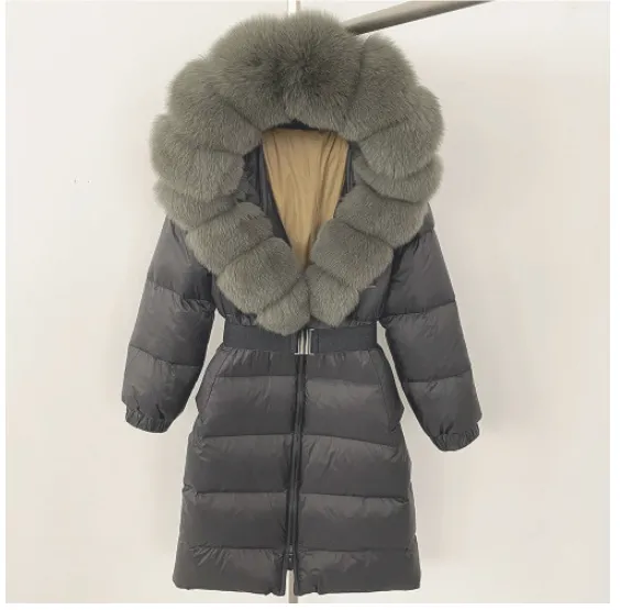 Women's Long Cinched Hoodie Real Fox Fur Collar Coat Black Dark Green - Shop at LoveMi