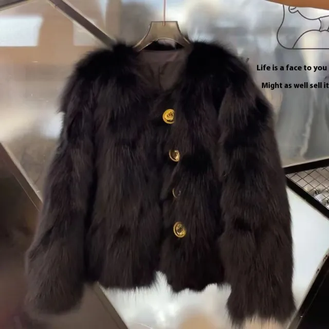 Autumn And Winter New Short Thickened Environmental Protection Faux Fox Fur High end Tops Coat For Women Black - Shop at LoveMi