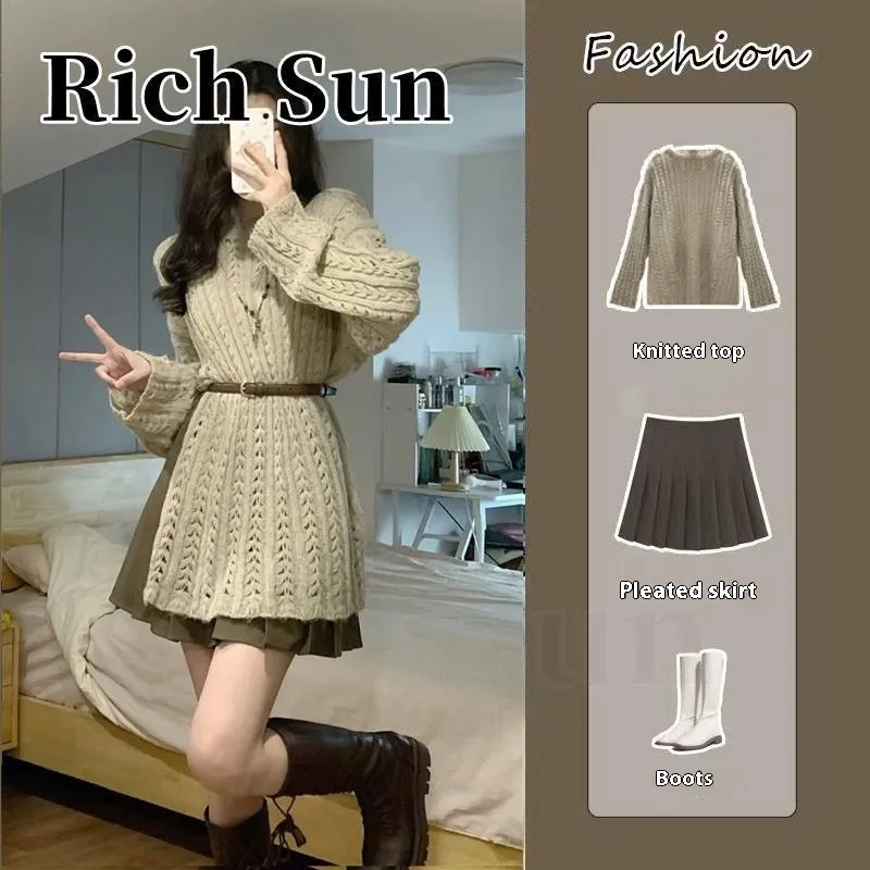 Hollow Out Sweater Pleated Skirt Suit - 2 Pieces Belt