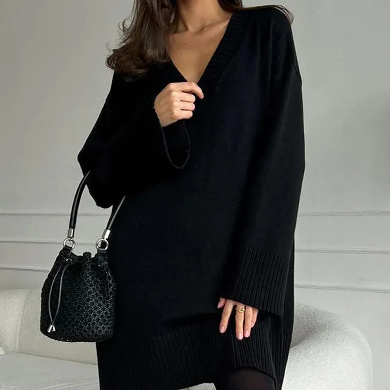 Loose Casual Mid-length Sweater - Black
