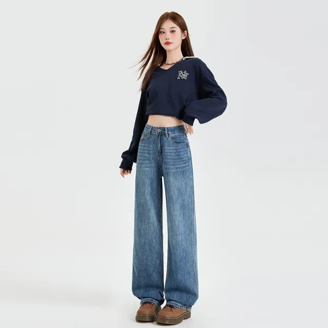 Vintage Blue High Waist Velvet Padded Straight Jeans Retro Blue Cropped Thin - Shop at LoveMi