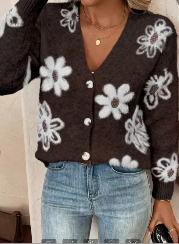 Flowers Print Button Front Cardigan Cofffee Xxl - Shop at LoveMi